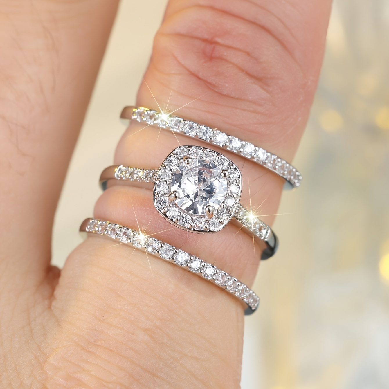 Women's Luxurious Square Synthetic Zirconia Ring Set for Three
